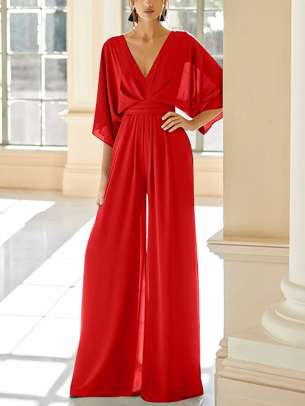 Mother Of The Bride Chiffon Pantsuit V Neck With Pockets