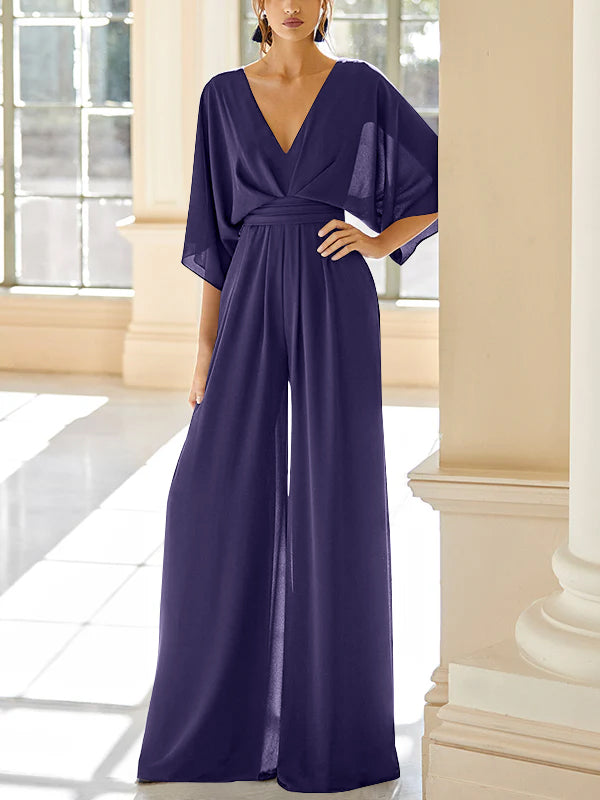Mother Of The Bride Chiffon Pantsuit V Neck With Pockets