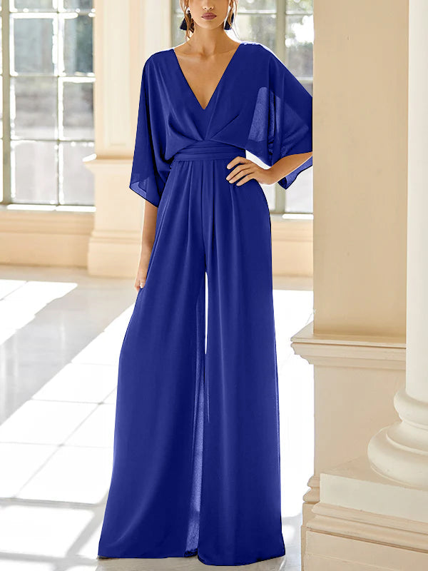 Mother Of The Bride Chiffon Pantsuit V Neck With Pockets