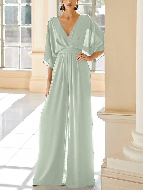 Mother Of The Bride Chiffon Pantsuit V Neck With Pockets