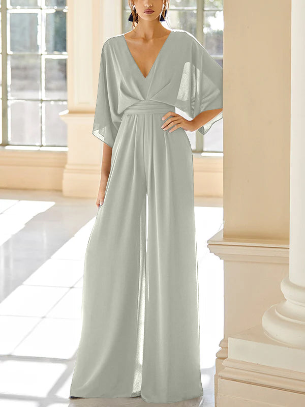 Mother Of The Bride Chiffon Pantsuit V Neck With Pockets