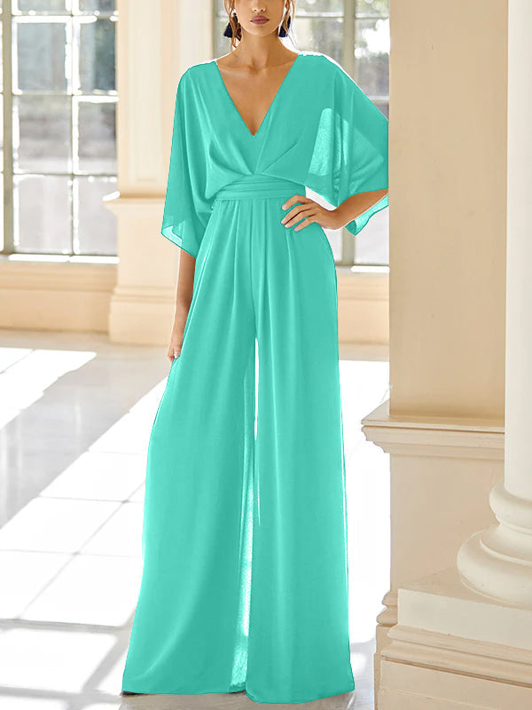 Mother Of The Bride Chiffon Pantsuit V Neck With Pockets