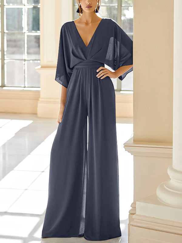 Mother Of The Bride Chiffon Pantsuit V Neck With Pockets