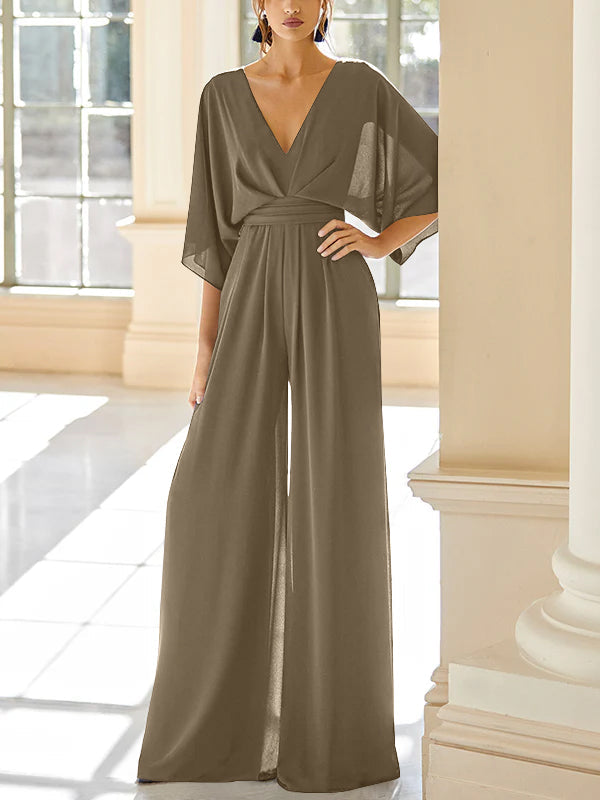 Mother Of The Bride Chiffon Pantsuit V Neck With Pockets