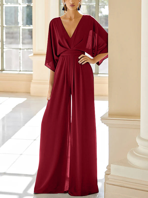Mother Of The Bride Chiffon Pantsuit V Neck With Pockets