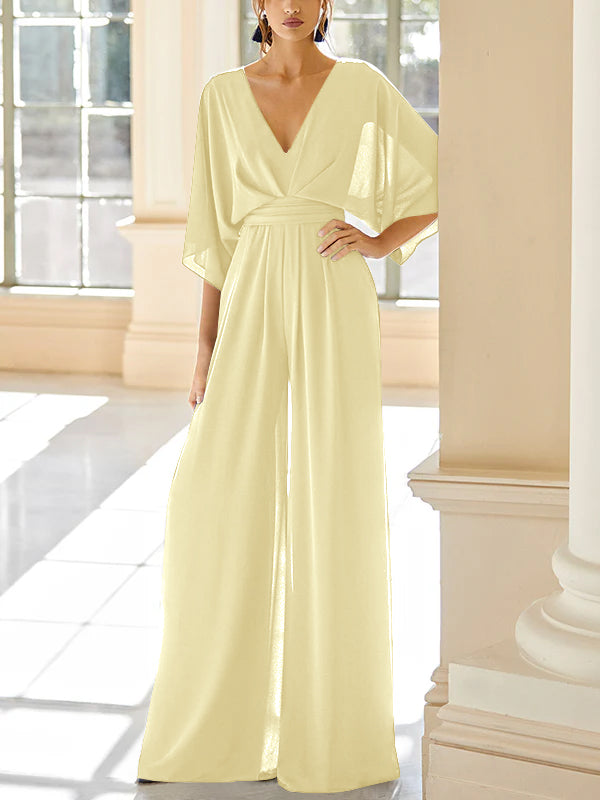 Mother Of The Bride Chiffon Pantsuit V Neck With Pockets
