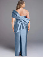 One Shoulder Plus Size Floor Length Sheath Dress Bowknot Mother Of The Bride