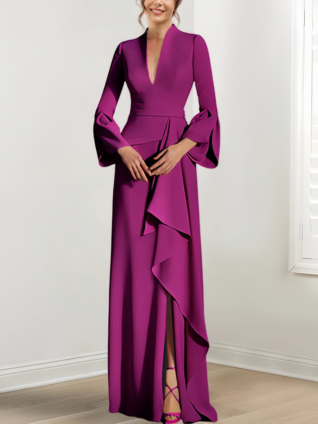 V Neck Floor Length Mother Of The Bride Dress With Side Split And Long Sleeves