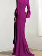 V Neck Floor Length Mother Of The Bride Dress With Side Split And Long Sleeves