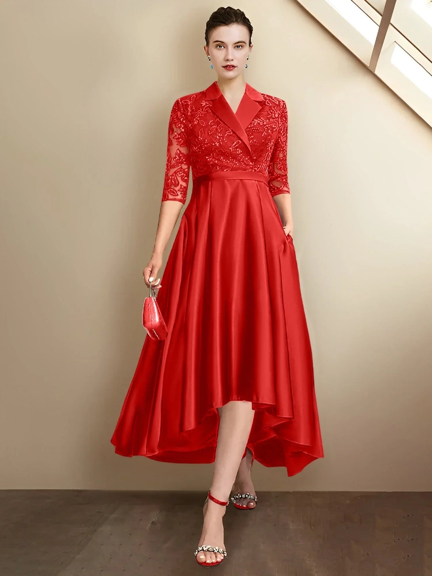 Vestidos de madrina de corte recto/columnar con escote en V y largo hasta el té