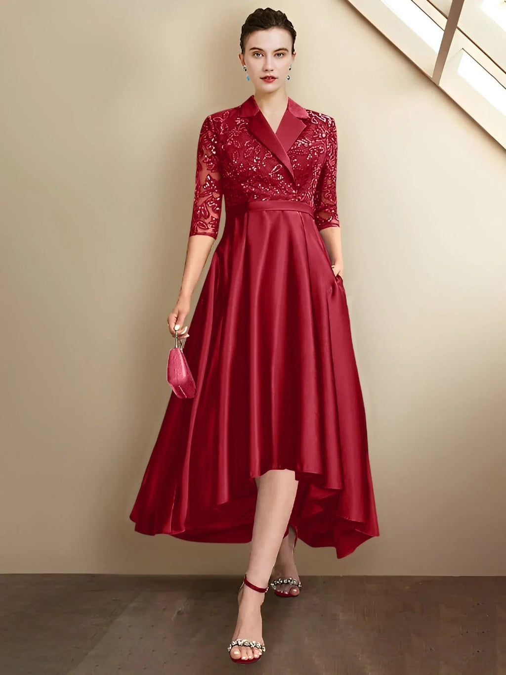 Abiti da madre della sposa a guaina/colonna con scollo a V e lunghezza tè