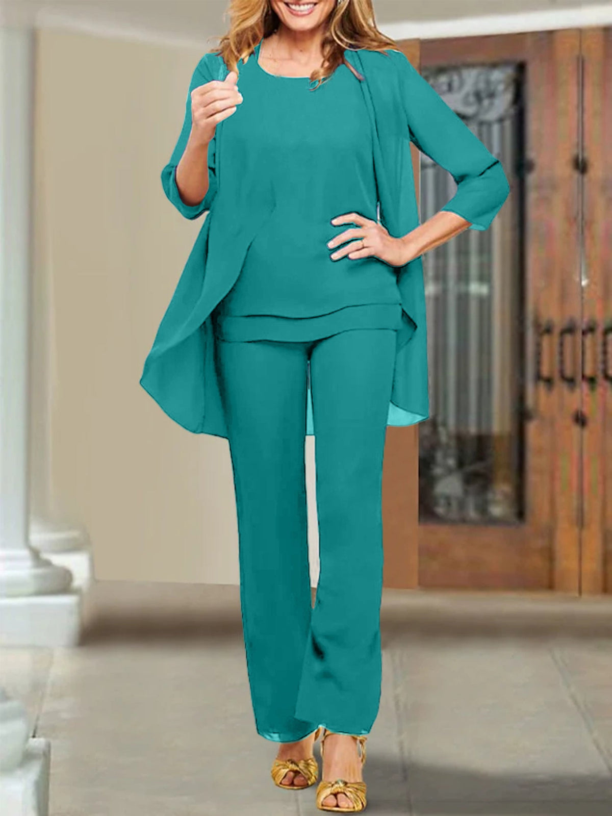 Mother Of The Bride Chiffon Pantsuits Scoop Neck Evening Outfit