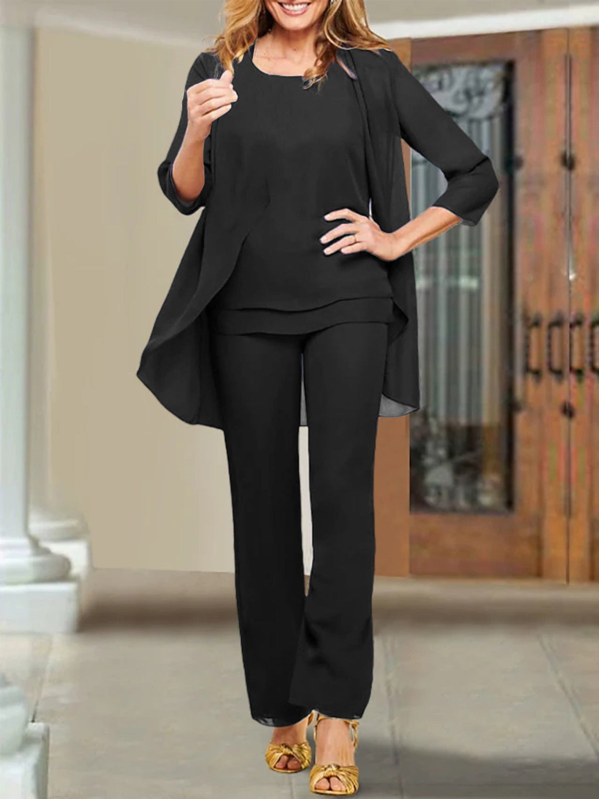 Mother Of The Bride Chiffon Pantsuits Scoop Neck Evening Outfit