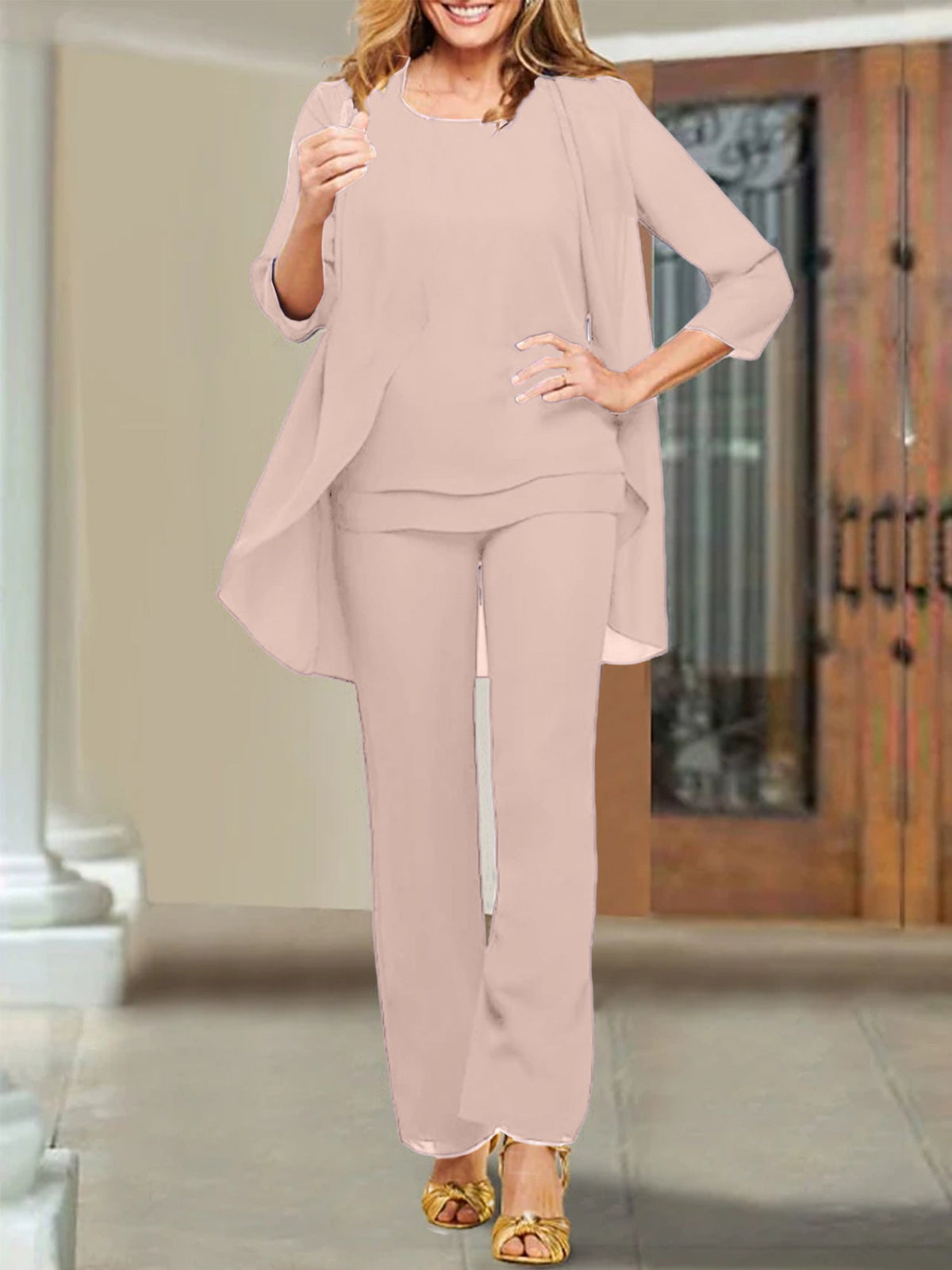 Mother Of The Bride Chiffon Pantsuits Scoop Neck Evening Outfit