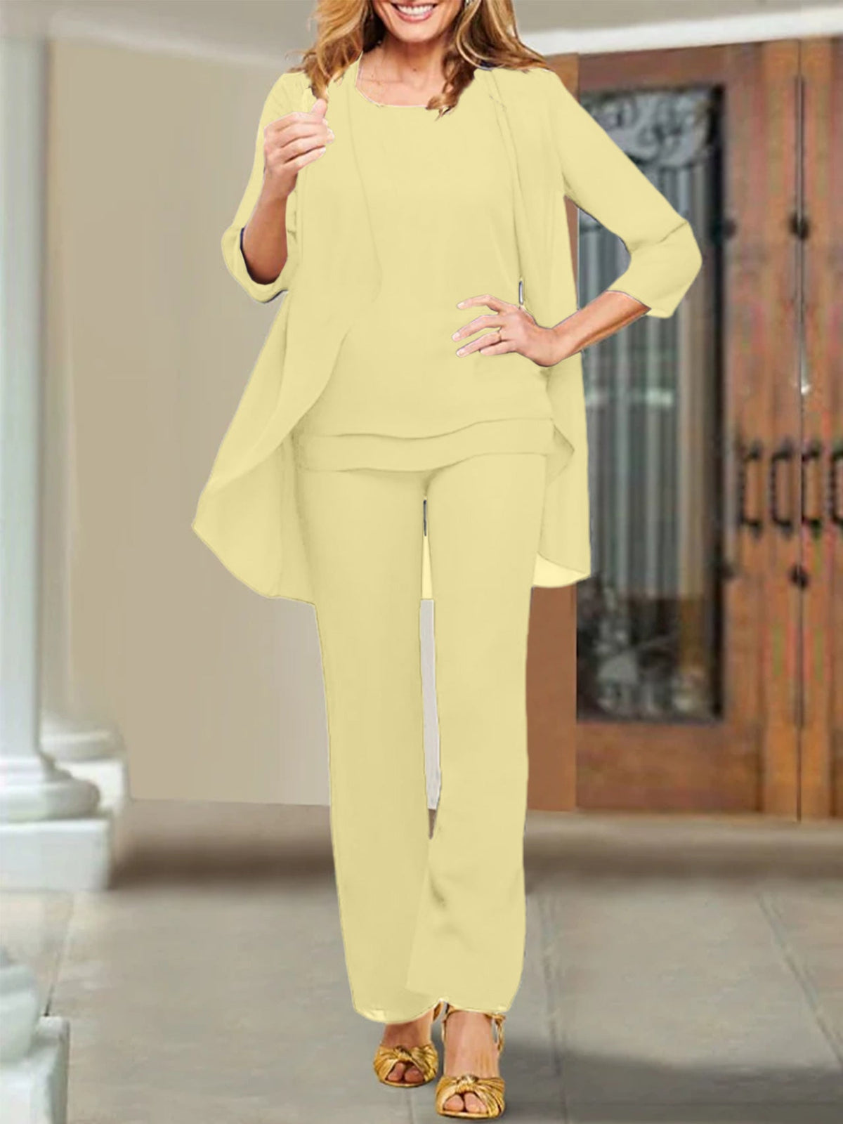 Mother Of The Bride Chiffon Pantsuits Scoop Neck Evening Outfit
