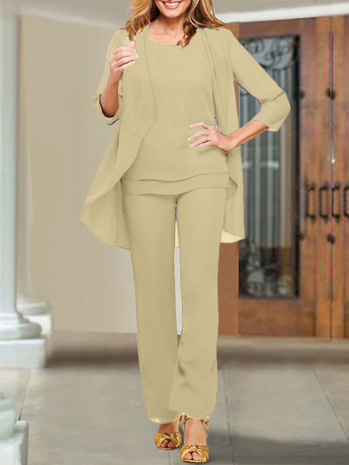 Mother Of The Bride Chiffon Pantsuits Scoop Neck Evening Outfit