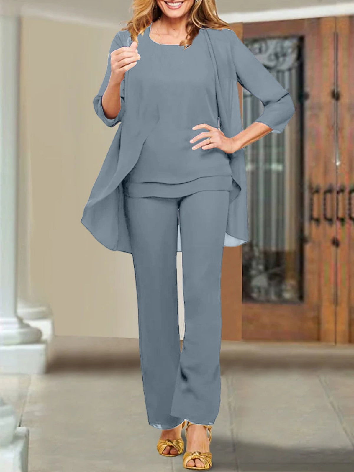 Mother Of The Bride Chiffon Pantsuits Scoop Neck Evening Outfit