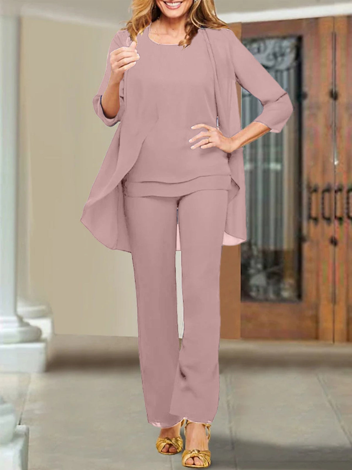 Mother Of The Bride Chiffon Pantsuits Scoop Neck Evening Outfit