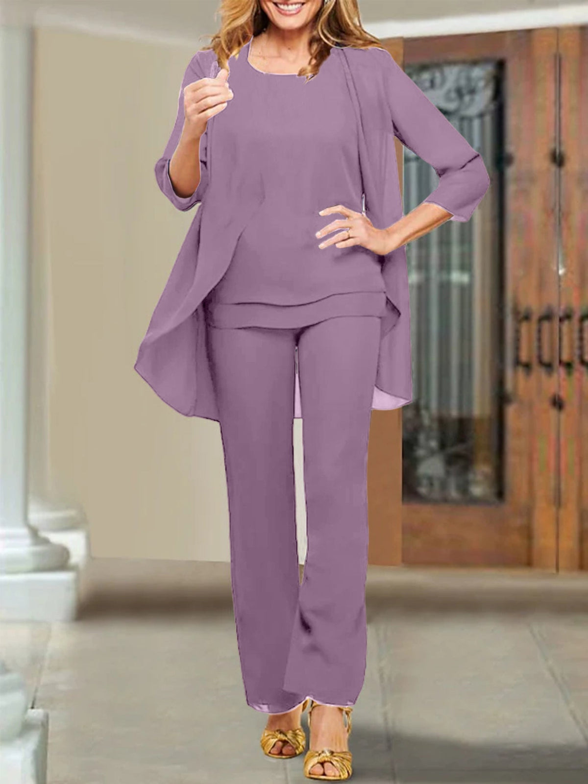 Mother Of The Bride Chiffon Pantsuits Scoop Neck Evening Outfit