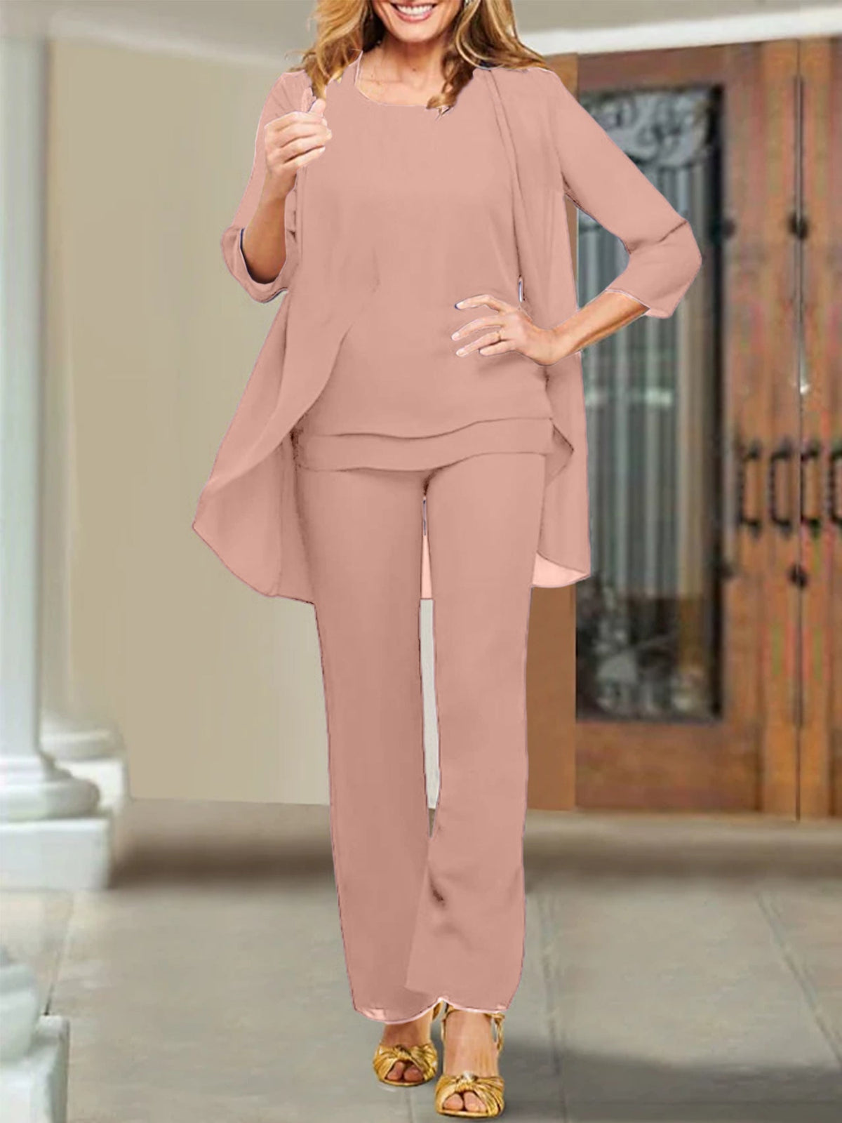 Mother Of The Bride Chiffon Pantsuits Scoop Neck Evening Outfit