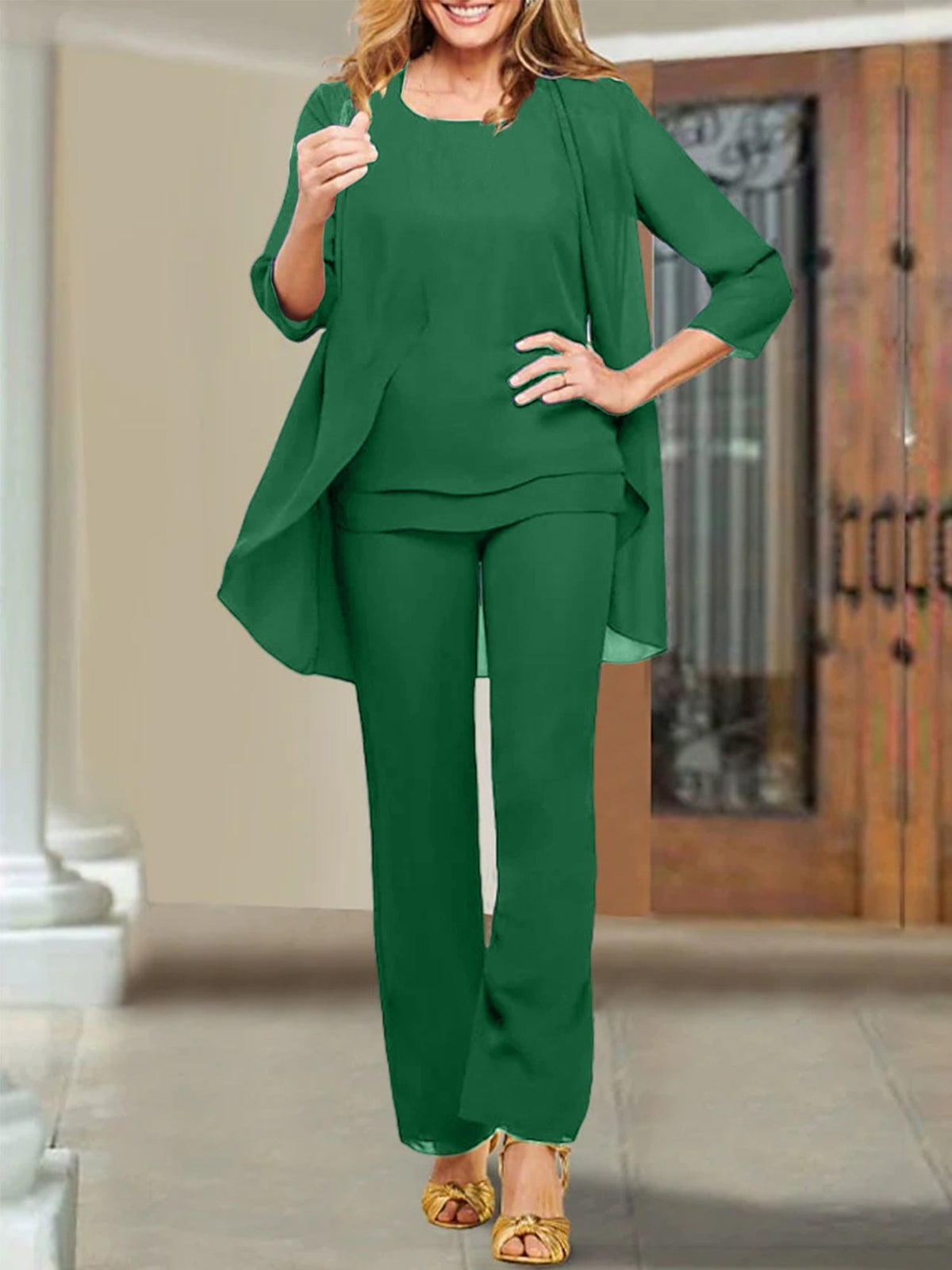 Mother Of The Bride Chiffon Pantsuits Scoop Neck Evening Outfit