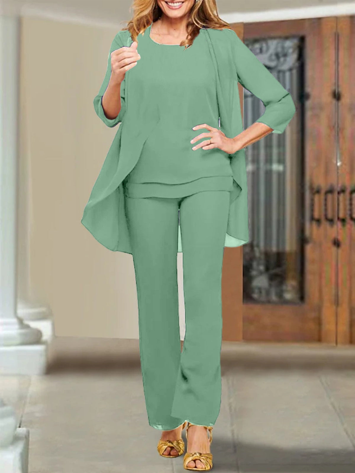 Mother Of The Bride Chiffon Pantsuits Scoop Neck Evening Outfit