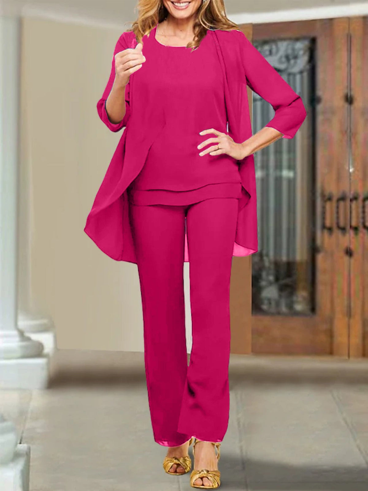 Mother Of The Bride Chiffon Pantsuits Scoop Neck Evening Outfit
