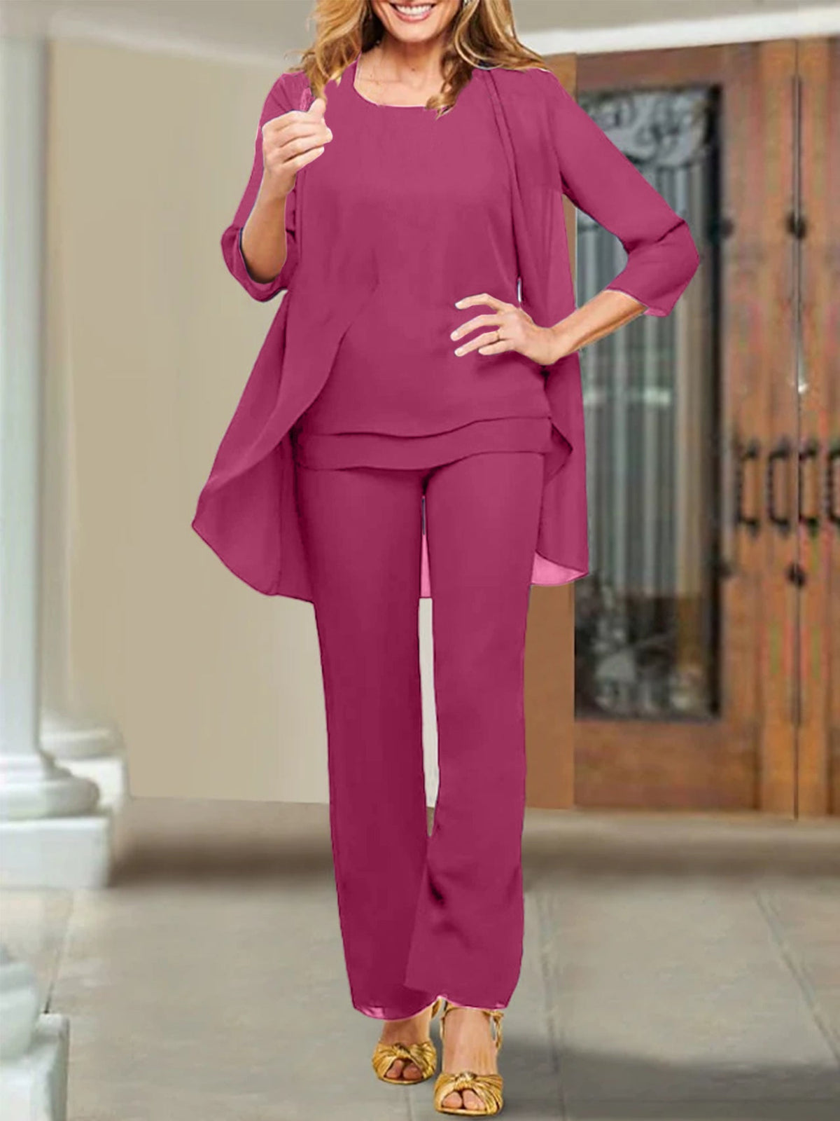 Mother Of The Bride Chiffon Pantsuits Scoop Neck Evening Outfit