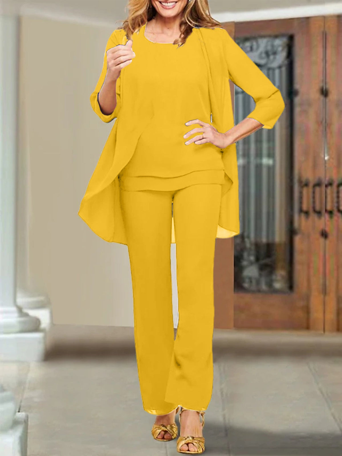 Mother Of The Bride Chiffon Pantsuits Scoop Neck Evening Outfit