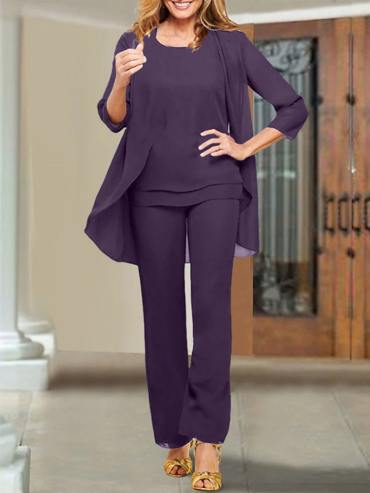 Mother Of The Bride Chiffon Pantsuits Scoop Neck Evening Outfit