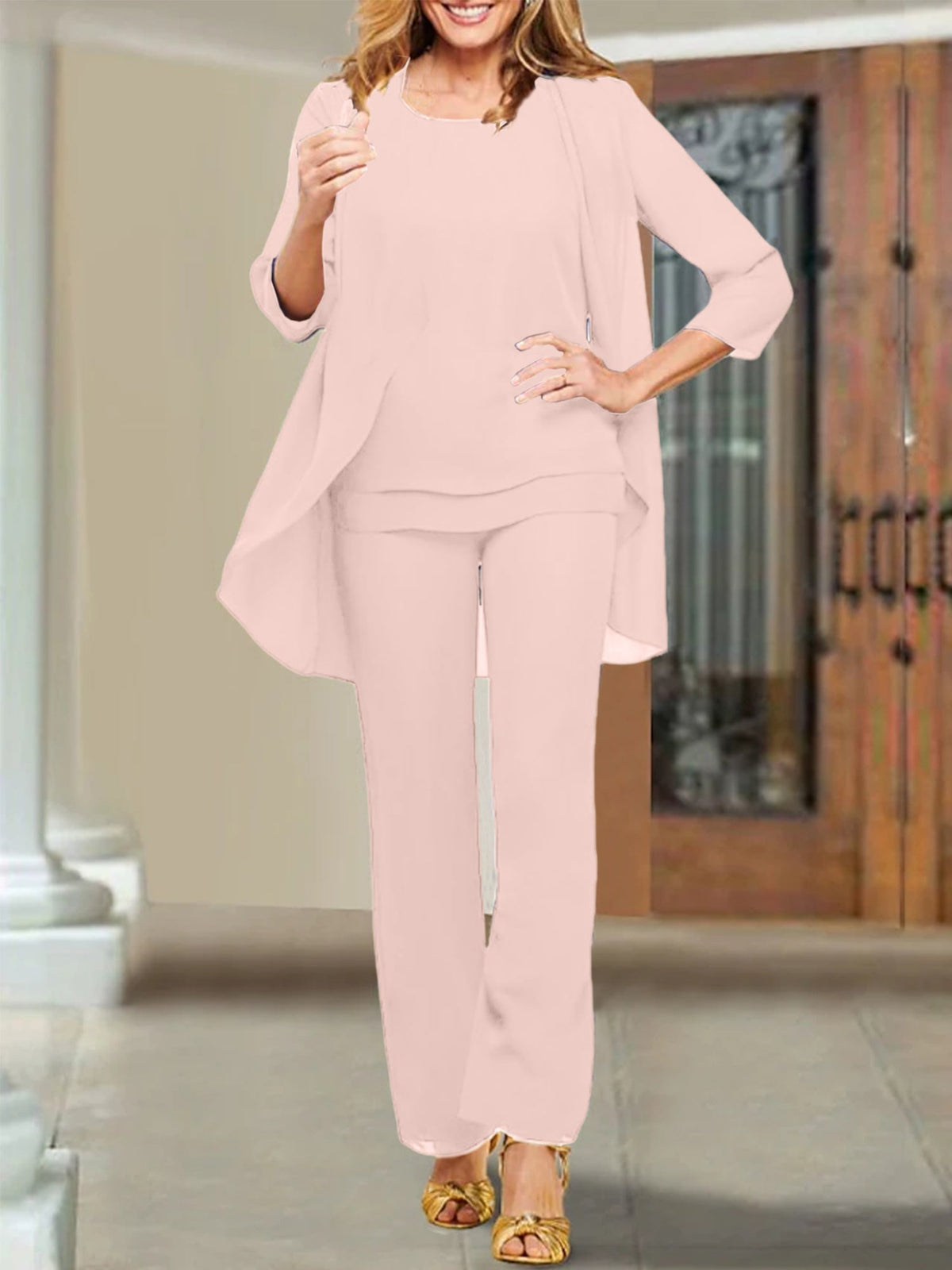 Mother Of The Bride Chiffon Pantsuits Scoop Neck Evening Outfit