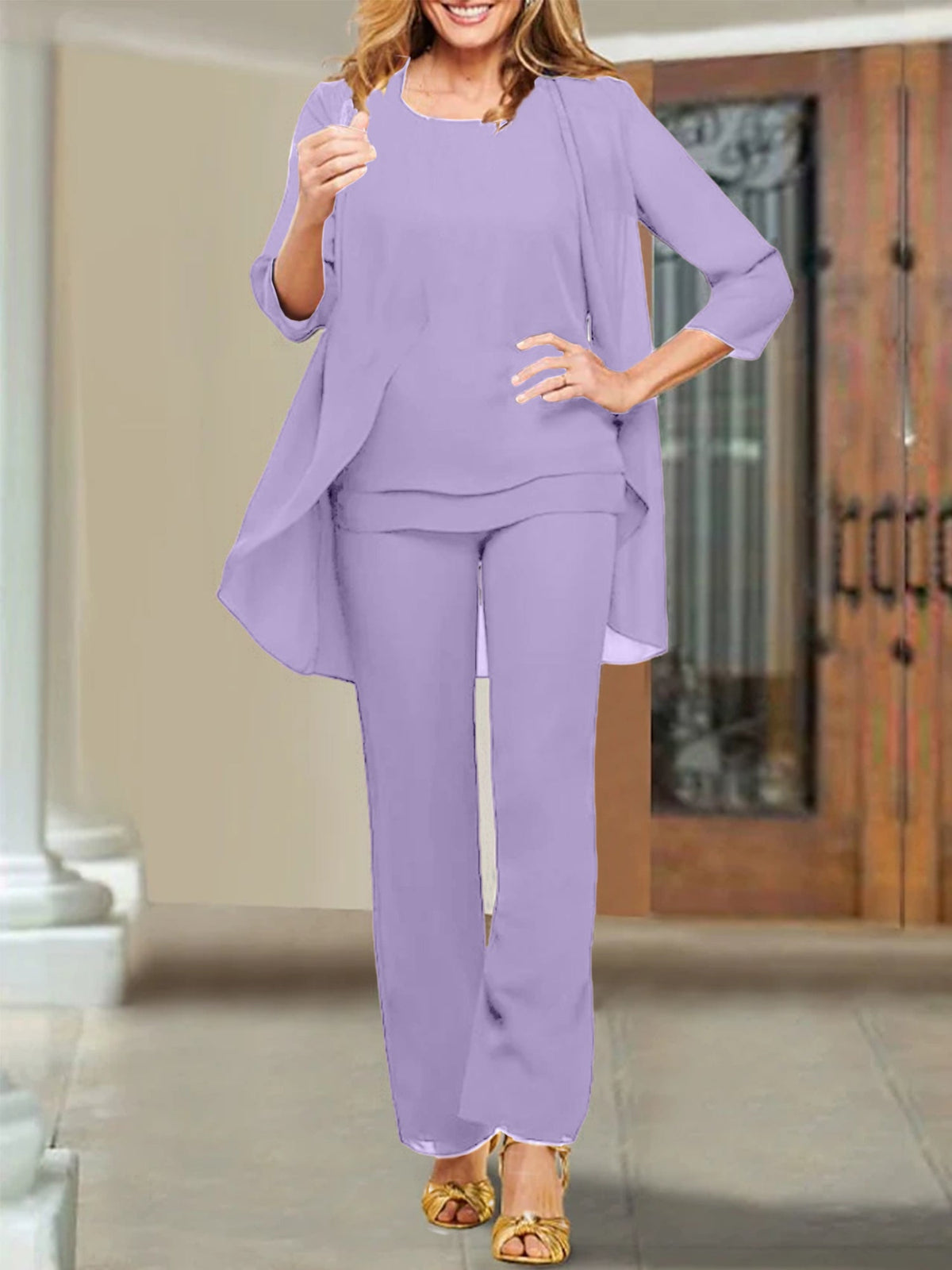 Mother Of The Bride Chiffon Pantsuits Scoop Neck Evening Outfit
