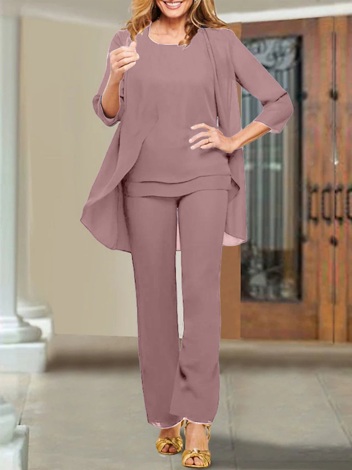 Mother Of The Bride Chiffon Pantsuits Scoop Neck Evening Outfit