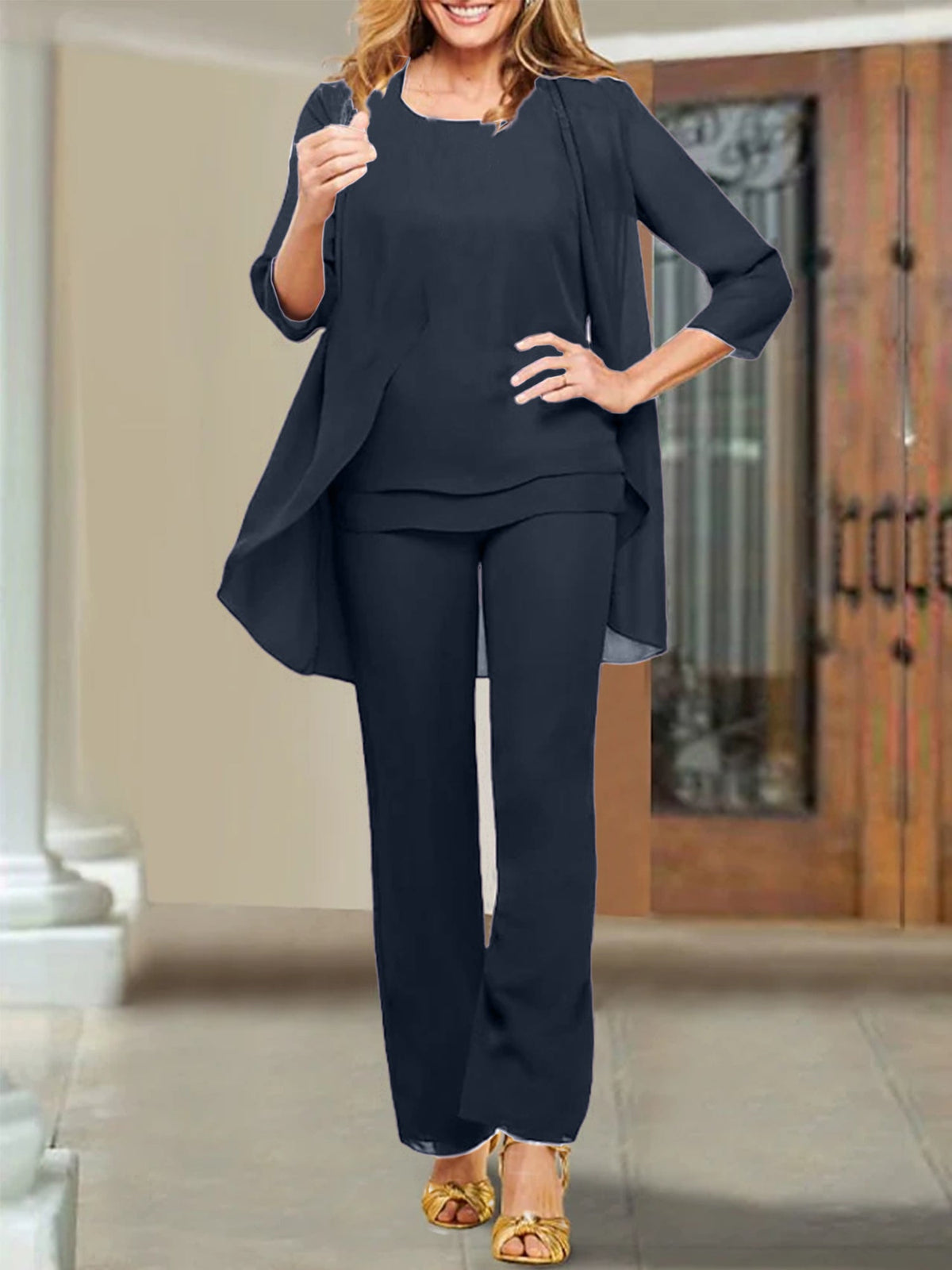 Mother Of The Bride Chiffon Pantsuits Scoop Neck Evening Outfit