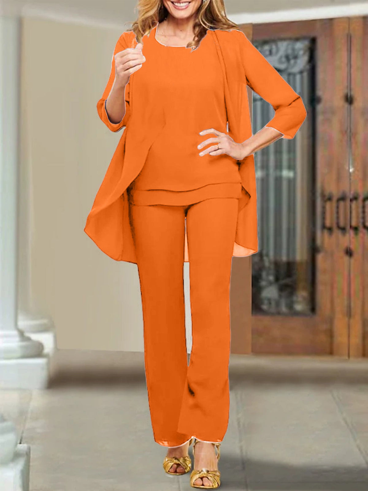 Mother Of The Bride Chiffon Pantsuits Scoop Neck Evening Outfit