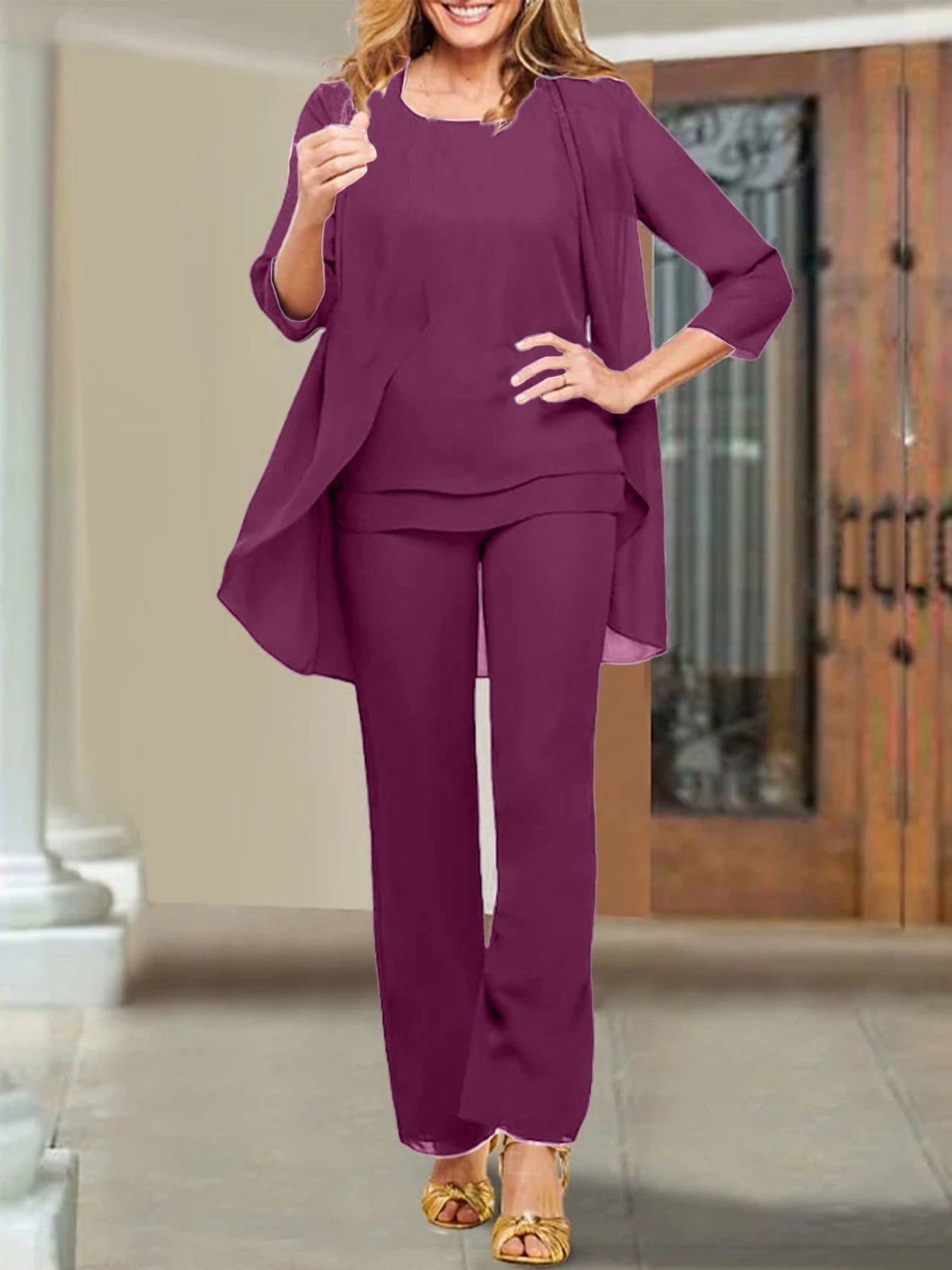 Mother Of The Bride Chiffon Pantsuits Scoop Neck Evening Outfit