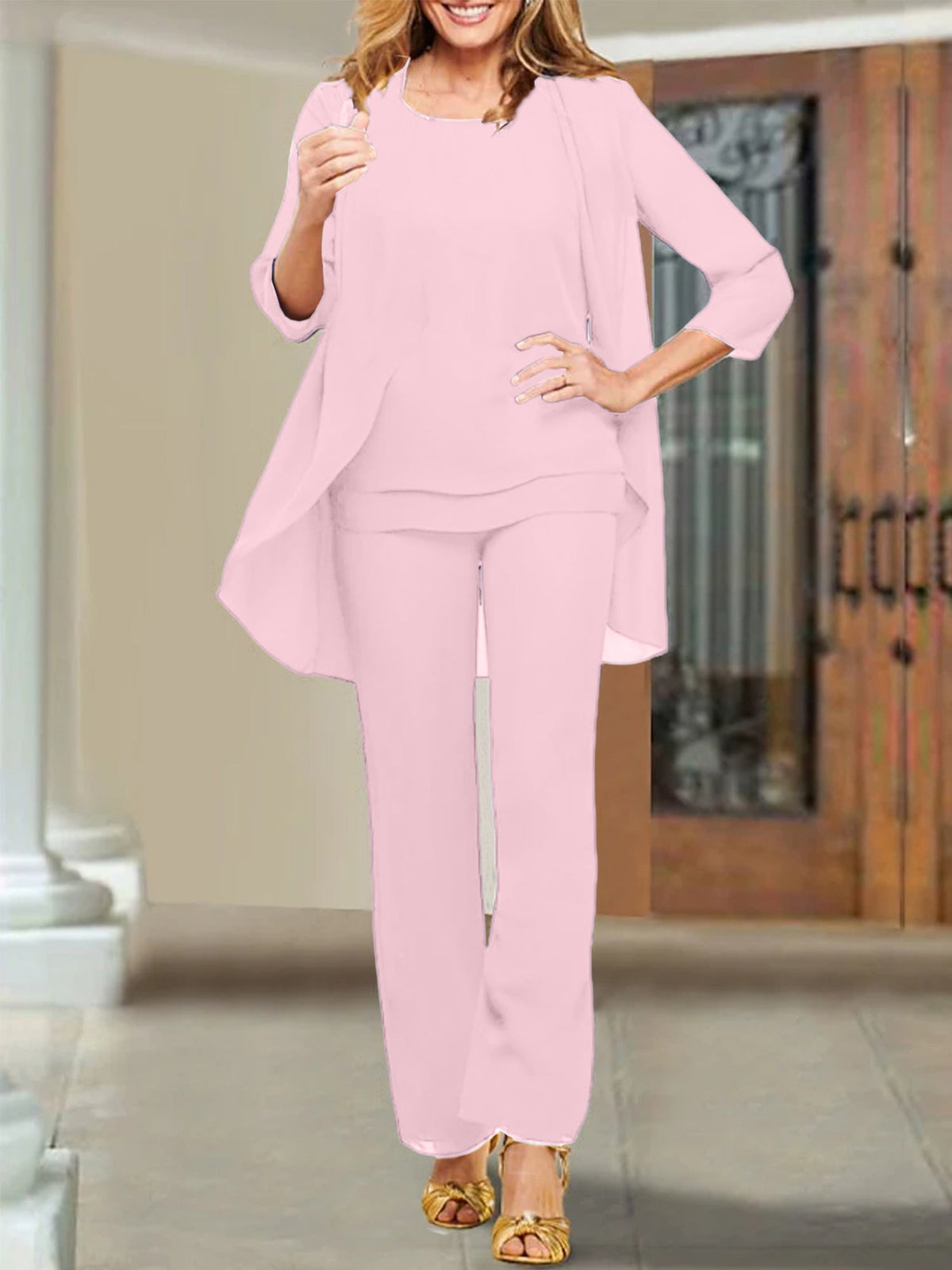 Mother Of The Bride Chiffon Pantsuits Scoop Neck Evening Outfit