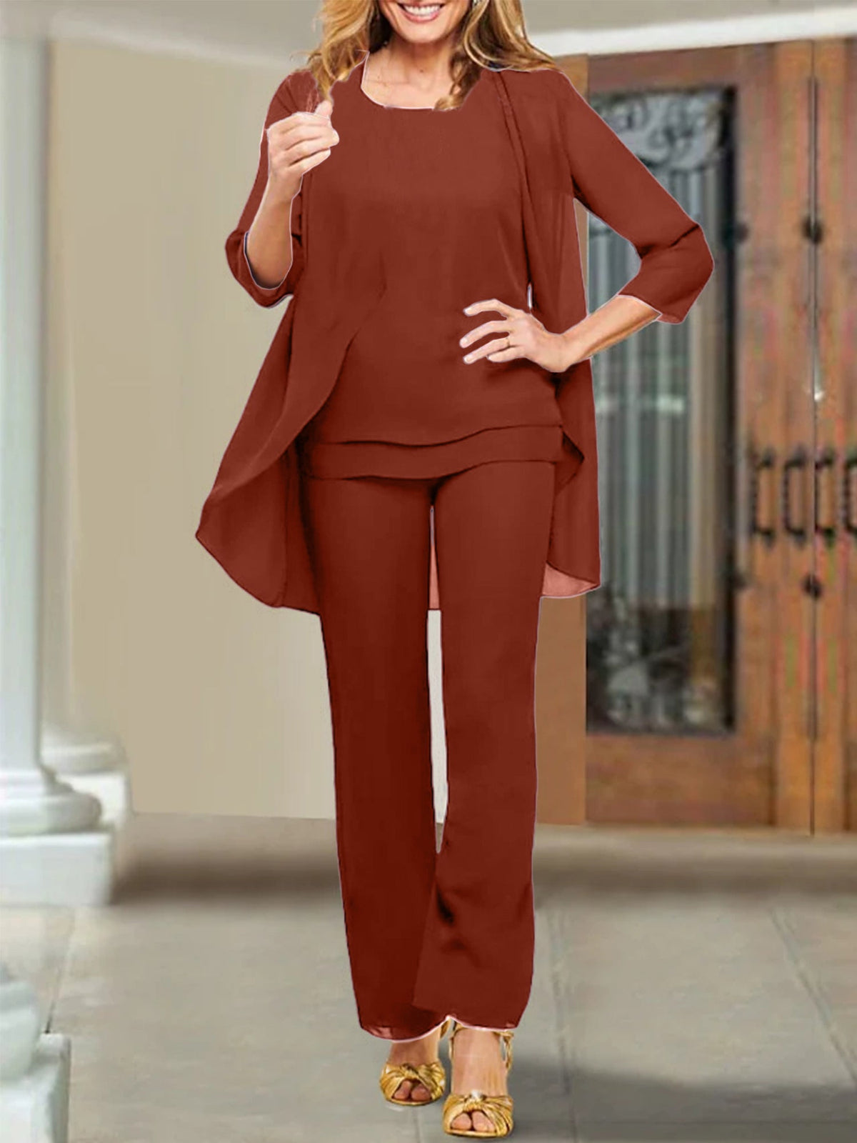 Mother Of The Bride Chiffon Pantsuits Scoop Neck Evening Outfit
