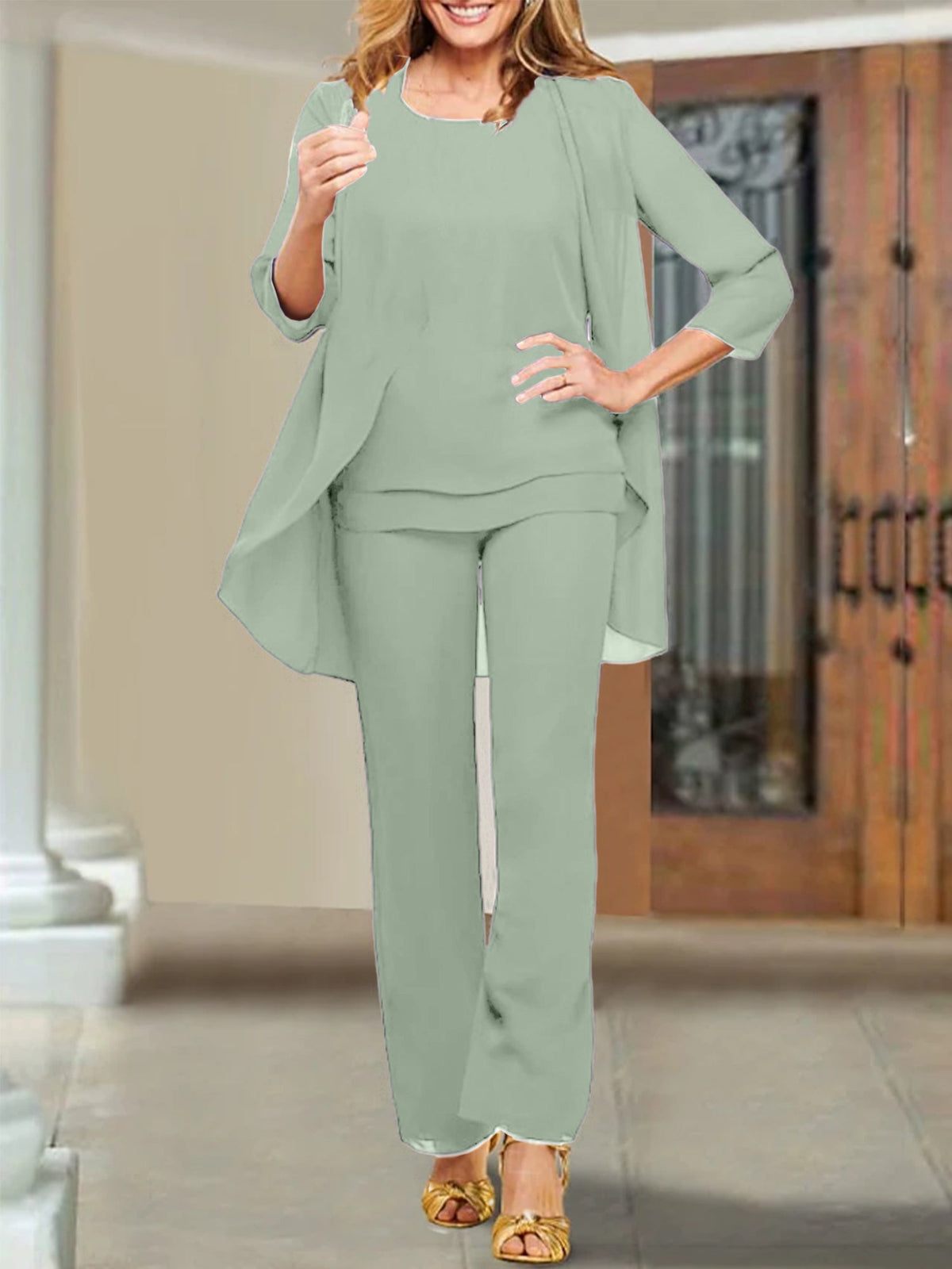 Mother Of The Bride Chiffon Pantsuits Scoop Neck Evening Outfit