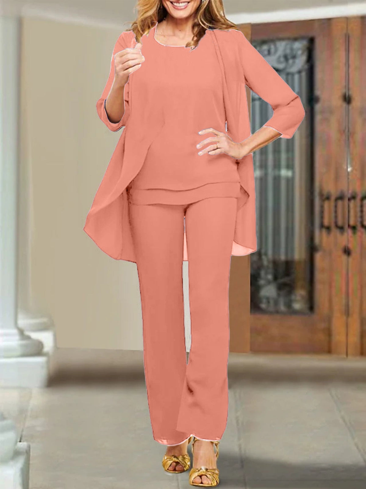 Mother Of The Bride Chiffon Pantsuits Scoop Neck Evening Outfit
