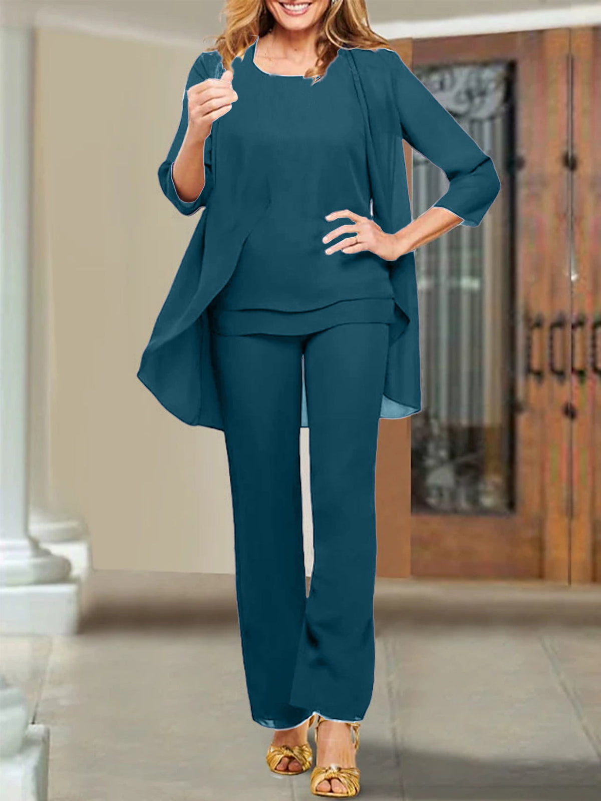 Mother Of The Bride Chiffon Pantsuits Scoop Neck Evening Outfit