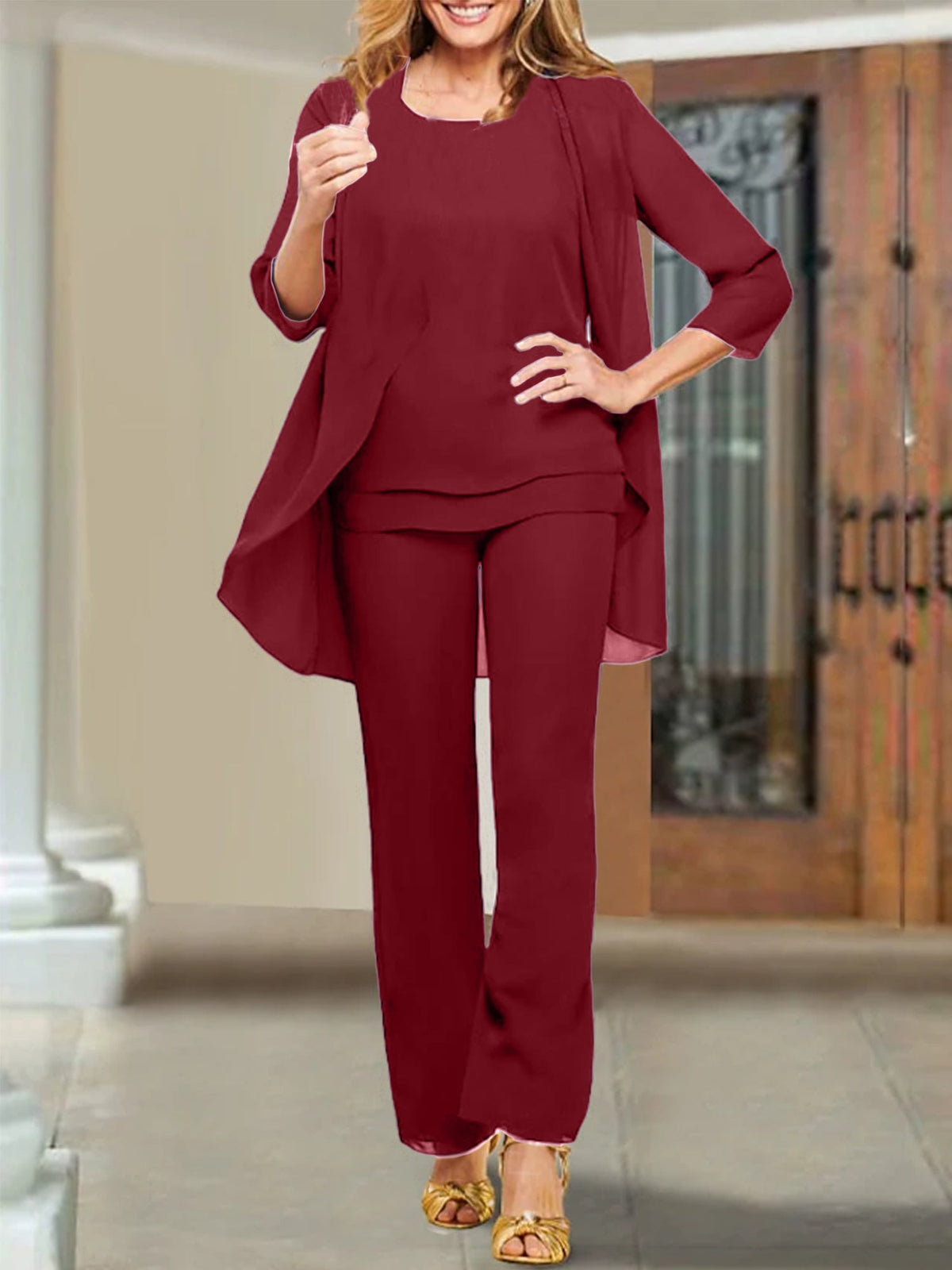 Mother Of The Bride Chiffon Pantsuits Scoop Neck Evening Outfit