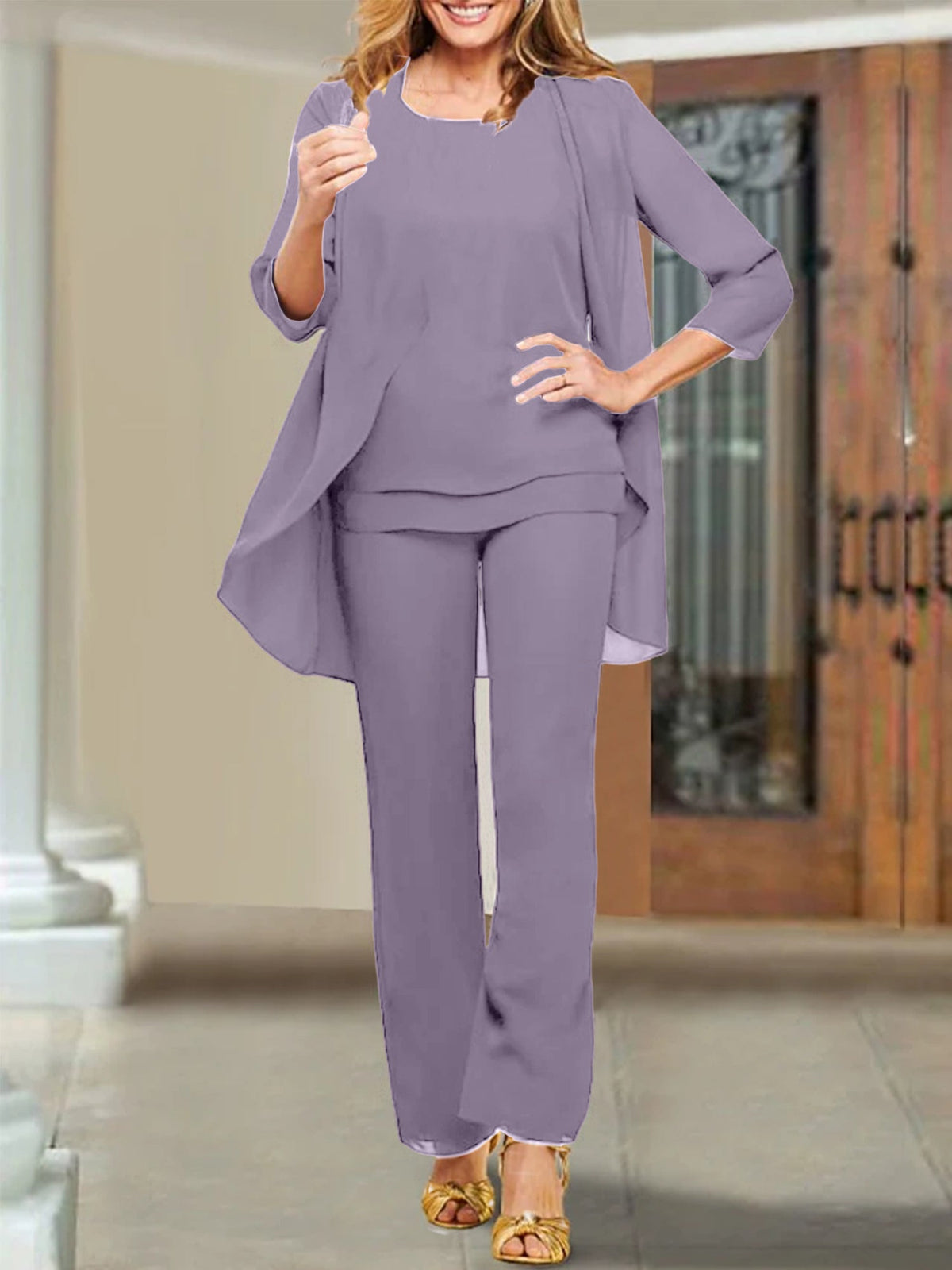 Mother Of The Bride Chiffon Pantsuits Scoop Neck Evening Outfit
