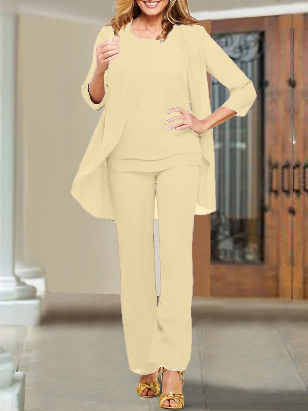 Mother Of The Bride Chiffon Pantsuits Scoop Neck Evening Outfit