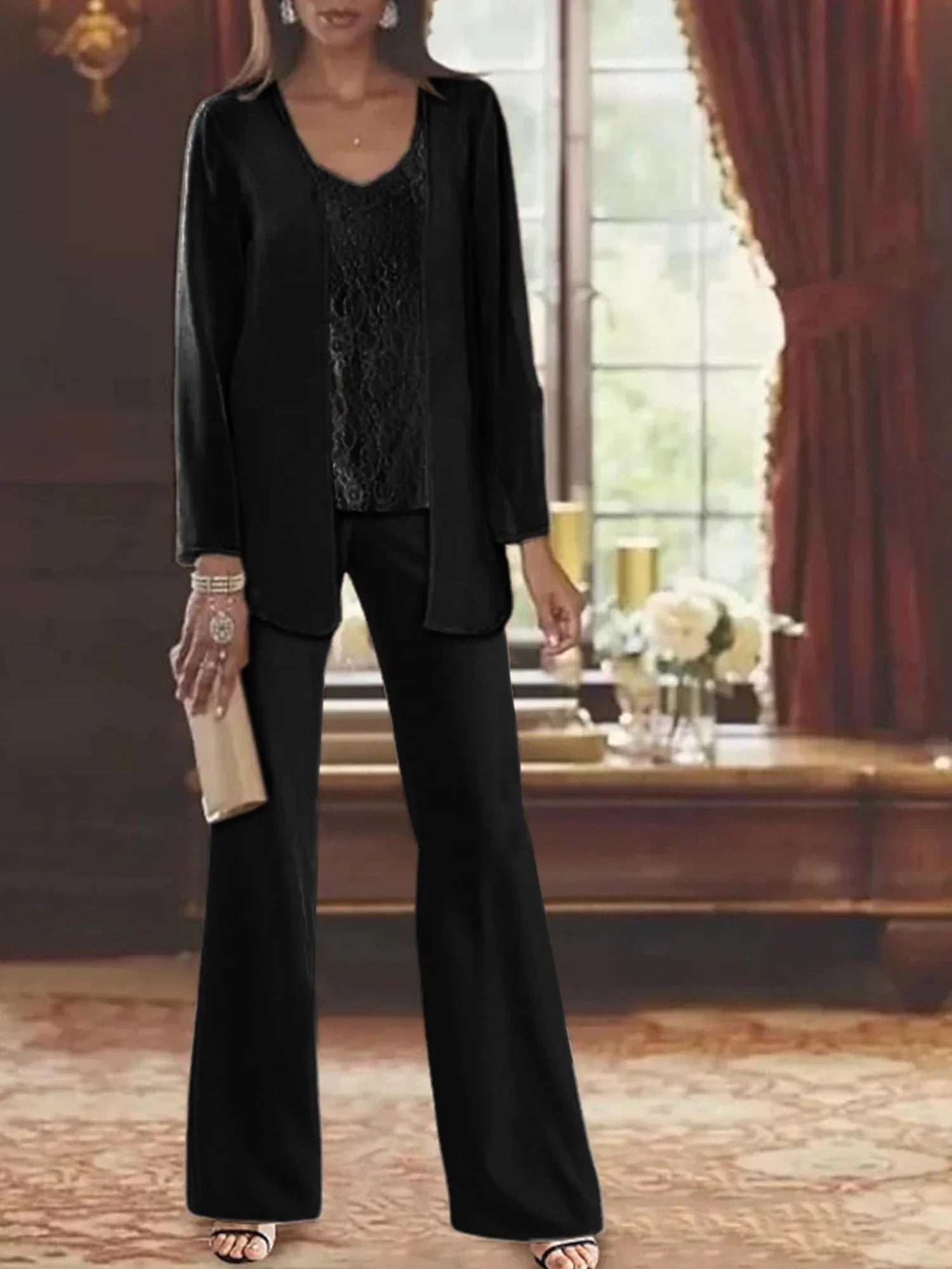 بدلات بنطلون من الشيفون لأم العروس مع سترة