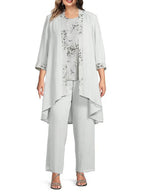 Floor Length Round Neck Chiffon Pantsuits With Jacket For Mother Of The Bride
