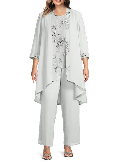 Floor Length Round Neck Chiffon Pantsuits With Jacket For Mother Of The Bride