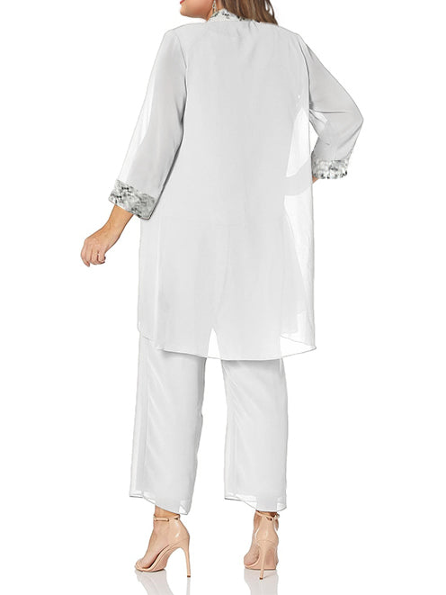 Floor Length Round Neck Chiffon Pantsuits With Jacket For Mother Of The Bride