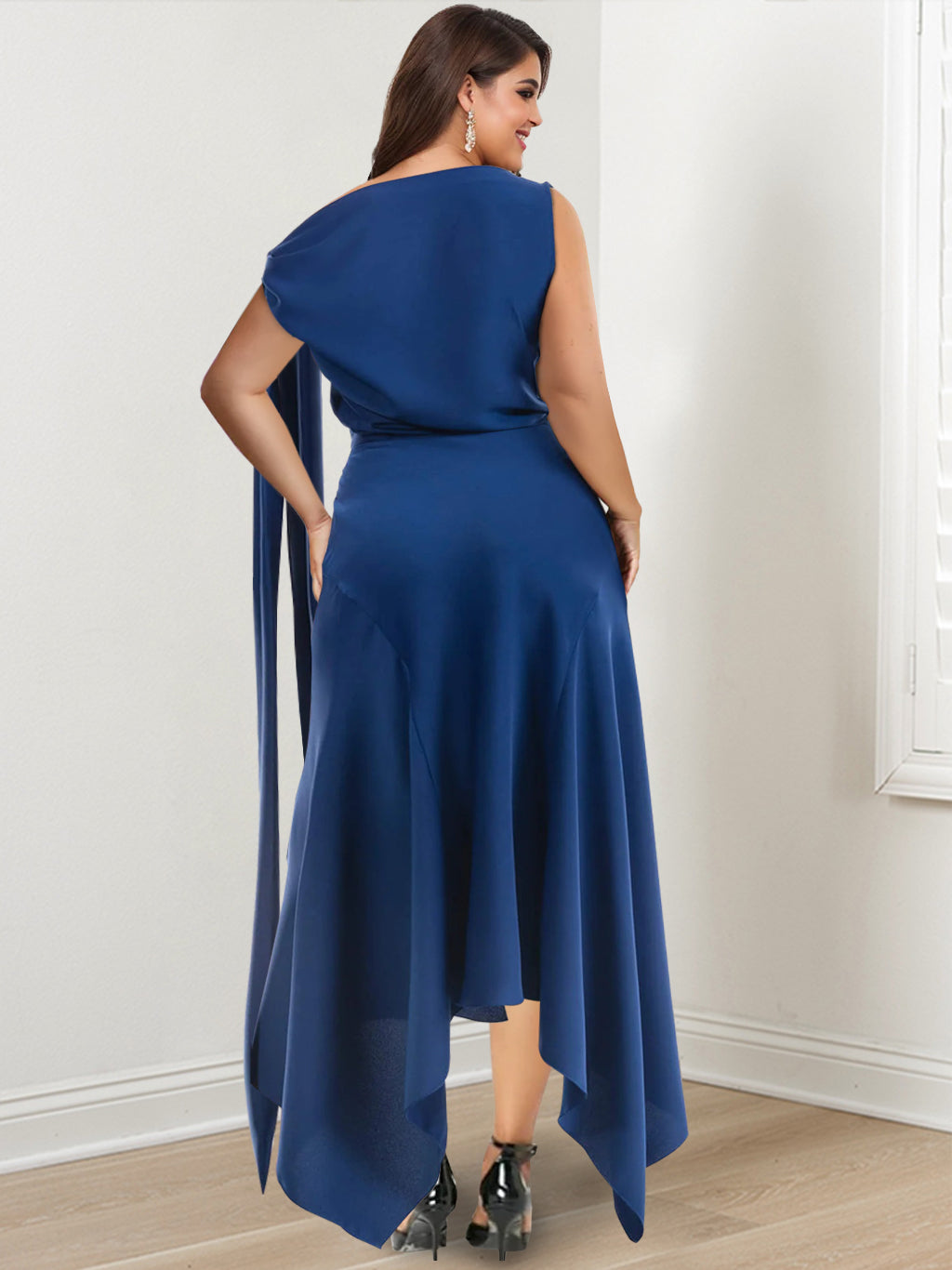 Plus Size Tea Length Mother Of The Bride Sheath Dress Ruched Details
