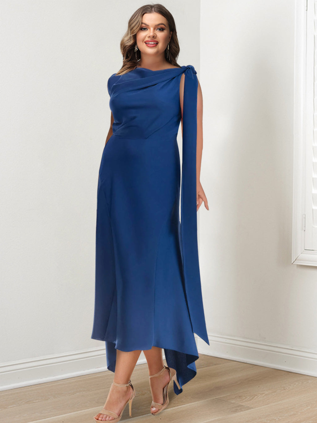 Asymmetrical Tea Length Mother Of The Bride Sheath Dress With Ruched Jewel Neck